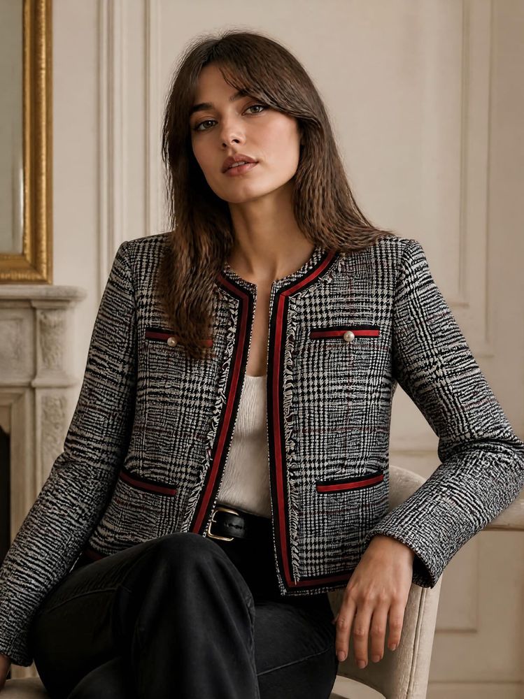 Classic Plaid Tweed Cropped Jacket