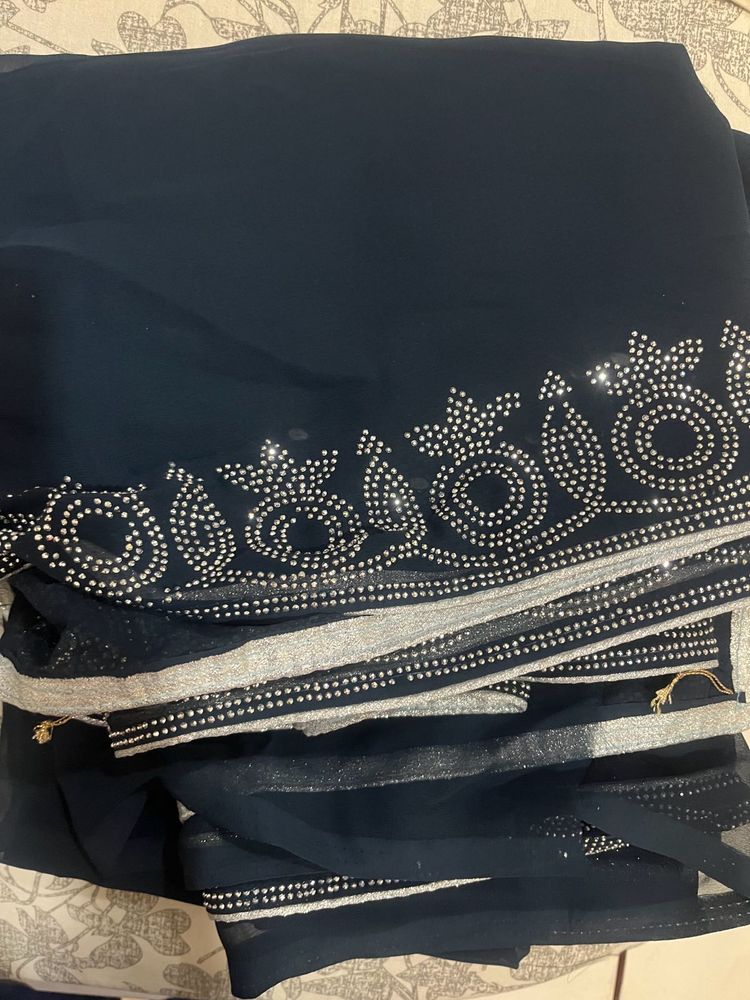 Elegant Navy Blue Embellished Saree