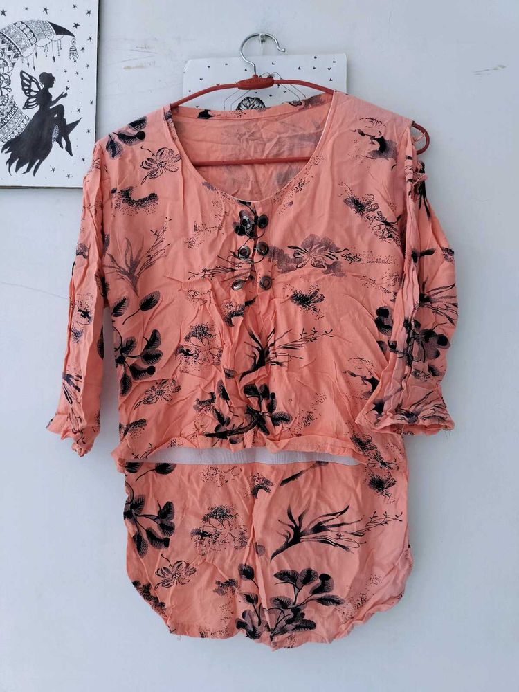 Trendy Peach High-Low Top with Cold-Shoulder Detai