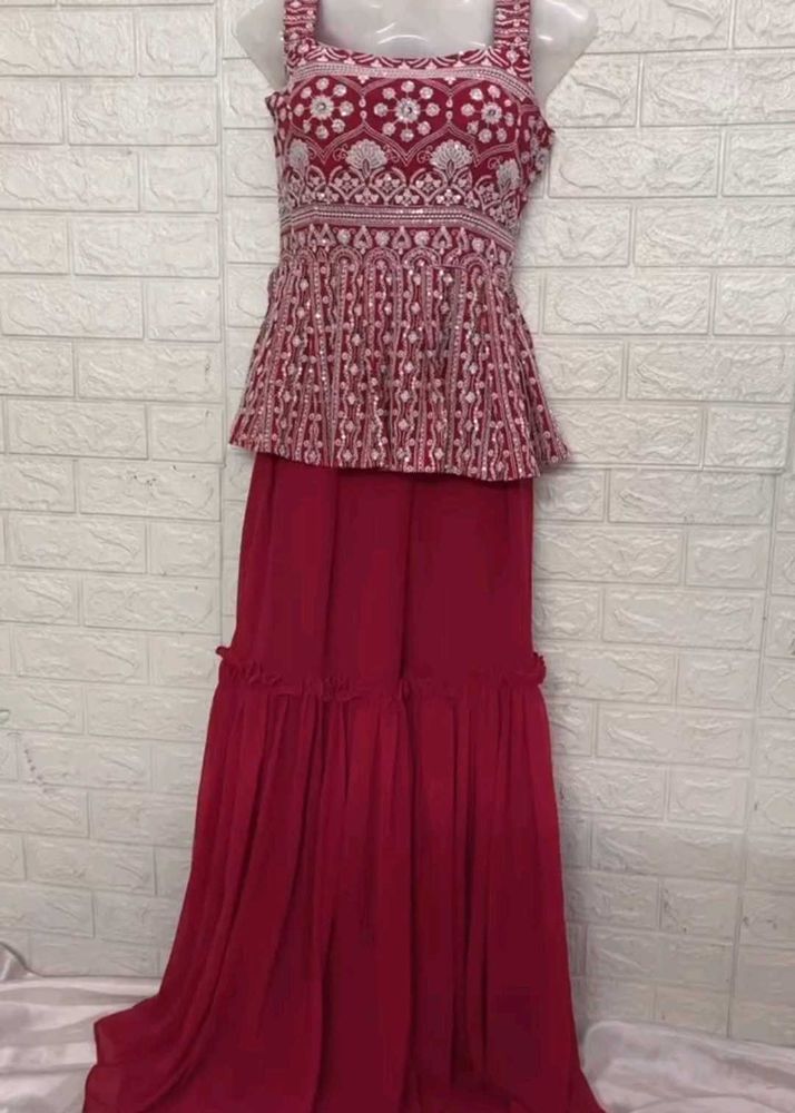 Rose Pink Embellished Peplum Top With Sharara