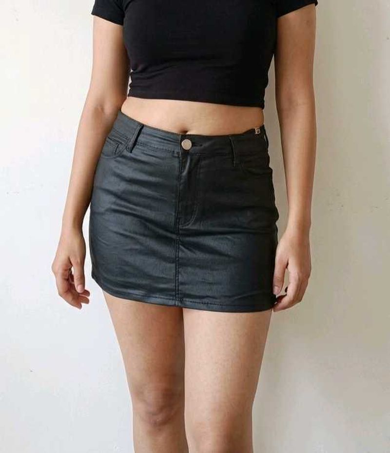 Black Faux Leather Mini Skirt Free Size S to M