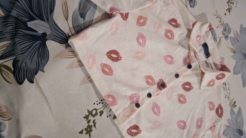 Cute Lip Print Button-Up Shirt