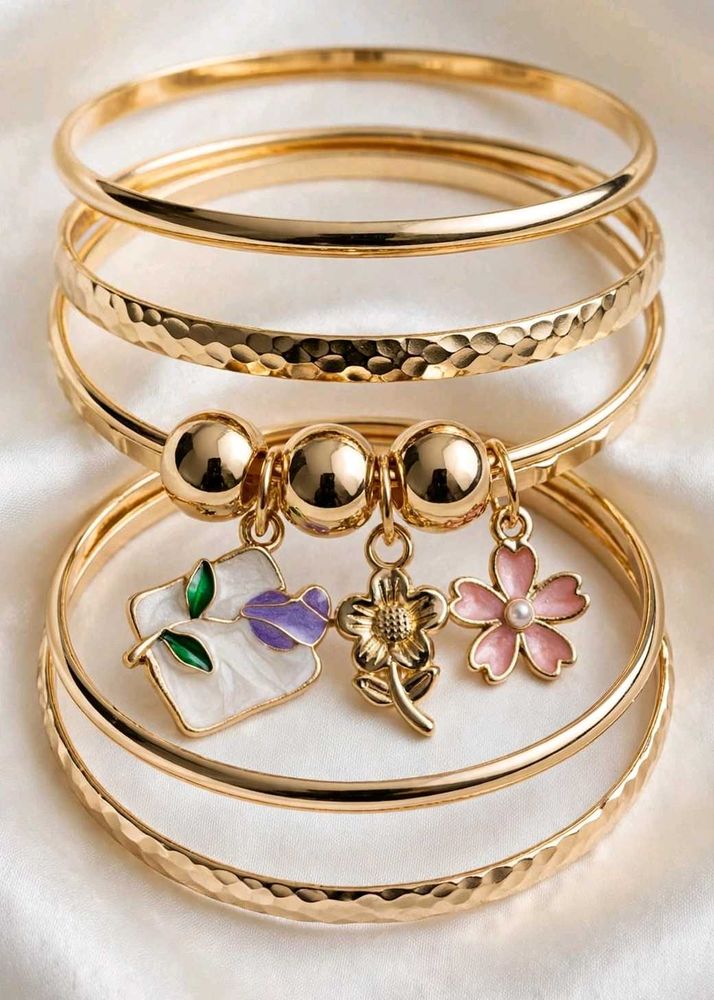 5 pcs korean golden bangles set combo