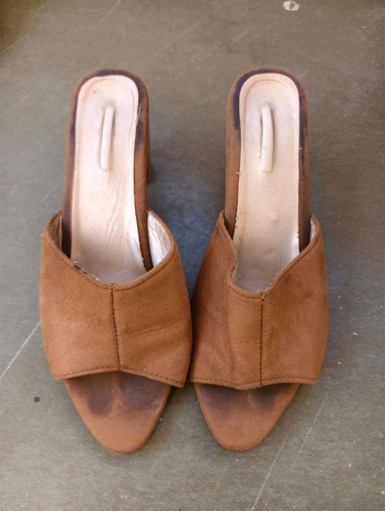 Brown Suede Block Heel Mules