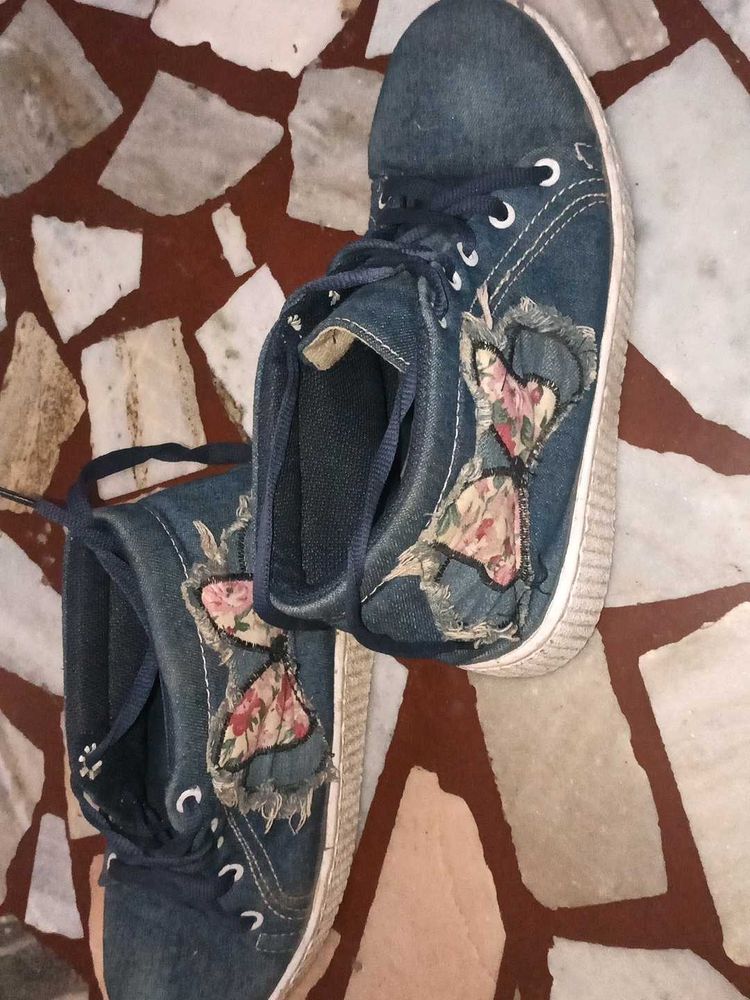 Denim Sneakers with Floral Patchwork