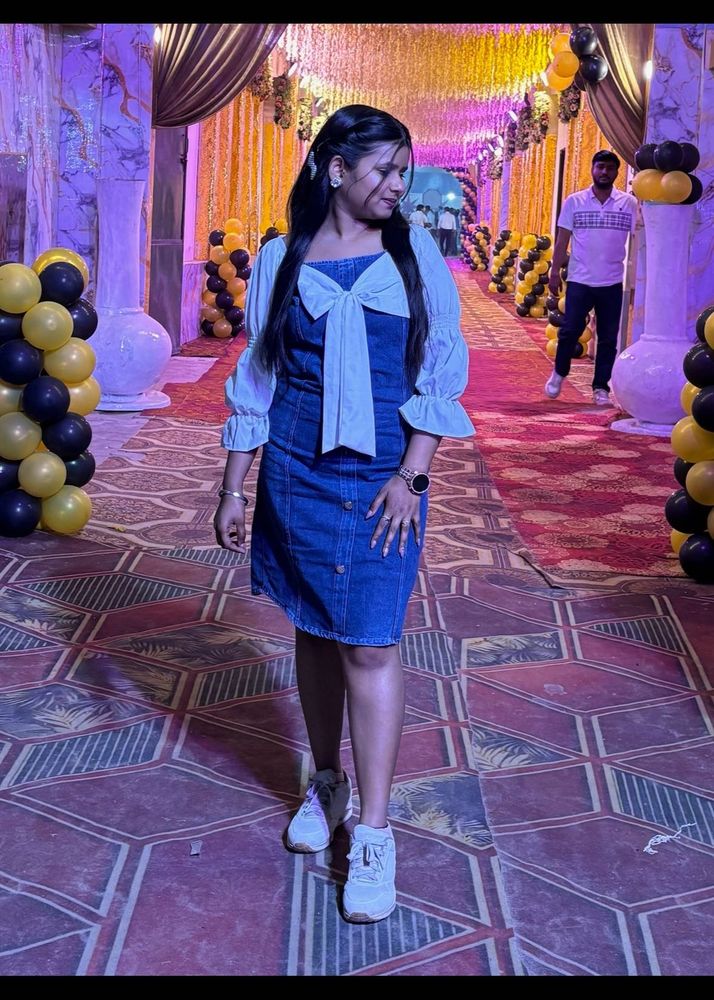 Denim Pinafore Dress with Bow Detail
