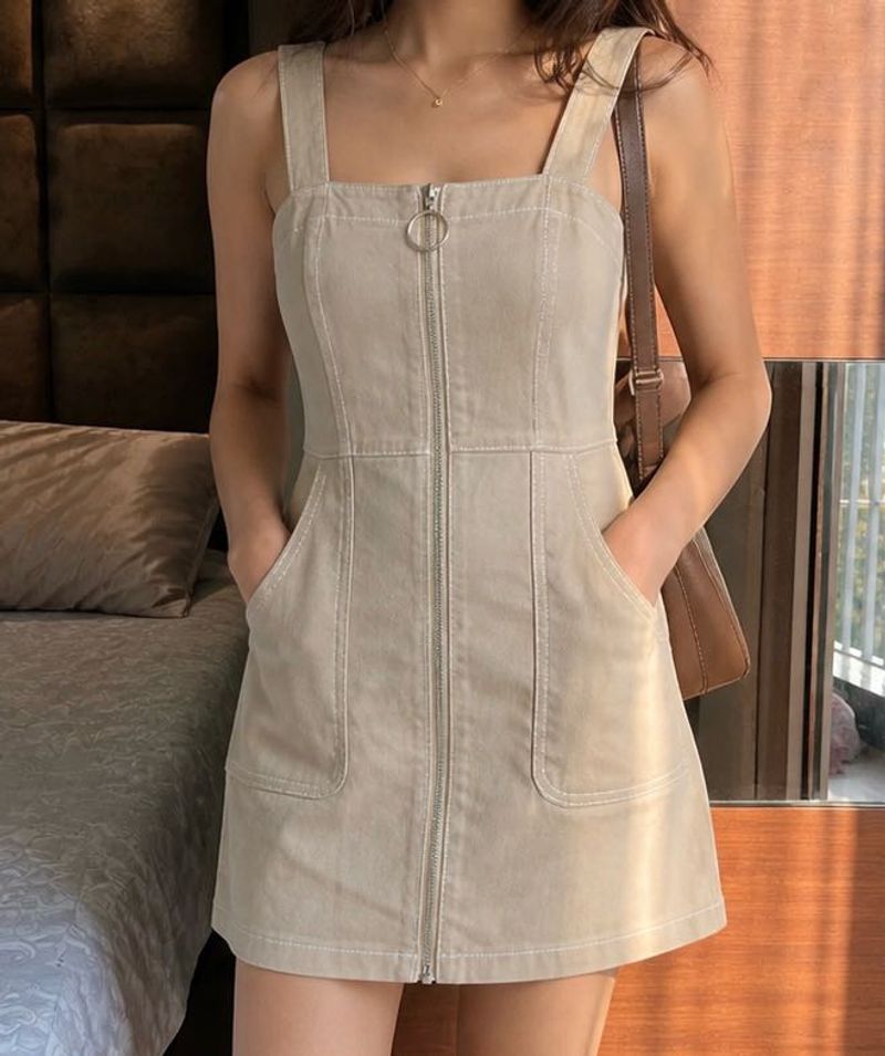 Khaki Zip Front Mini Dress