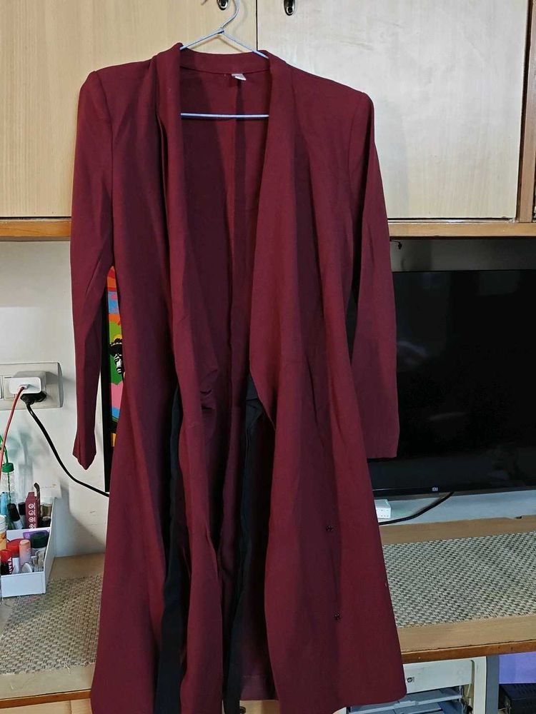 Chic Burgundy Drape Front Longline Blazer