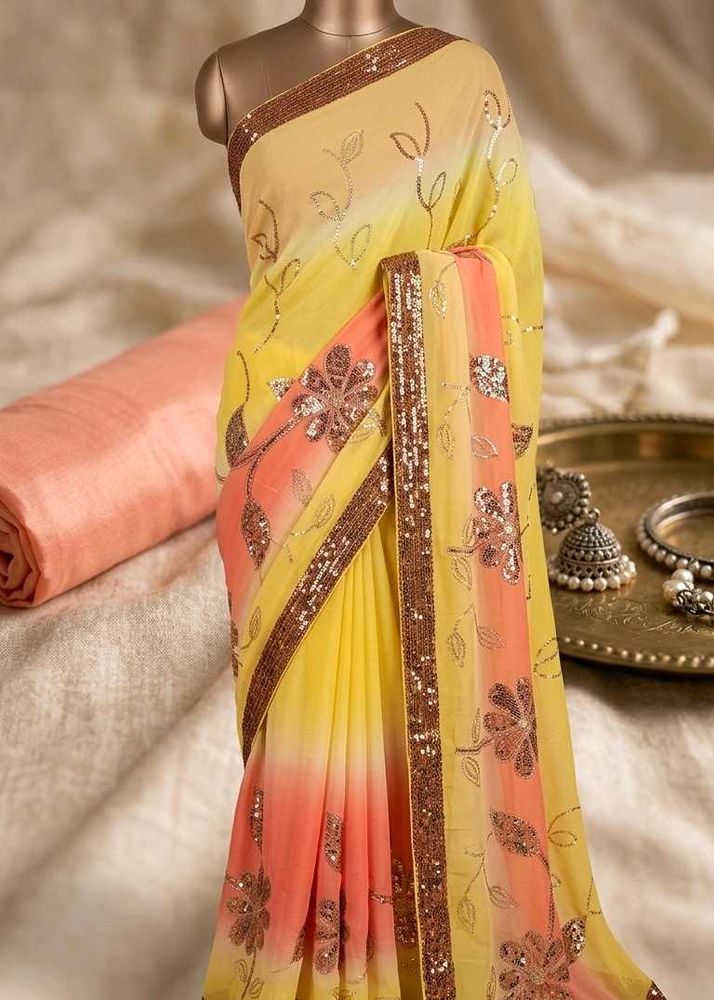 Stunning Yellow &amp; Peach Ombre Saree with Sequins