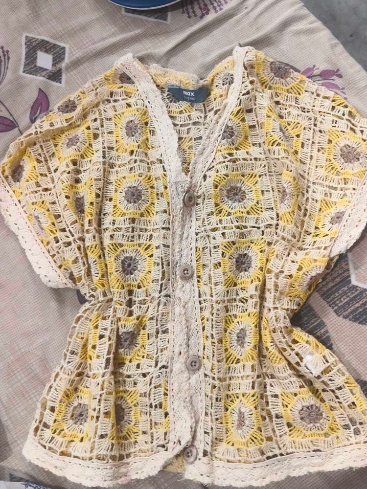 Crocheted Yellow &amp; White Cardigan