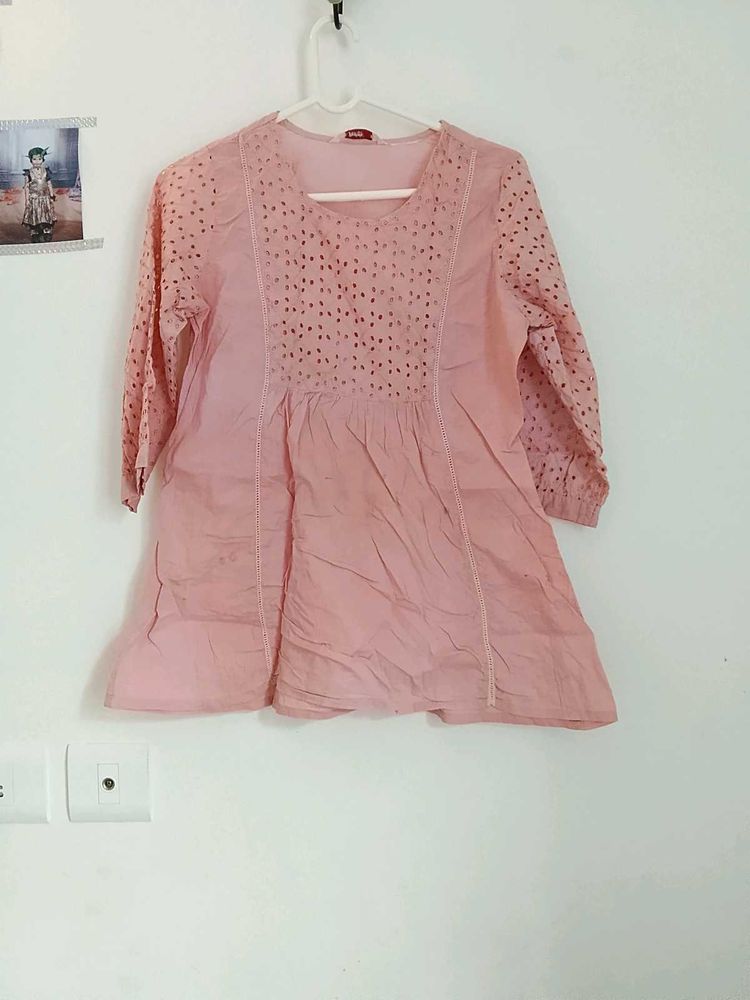 Pink Embroidered Cotton Kurti