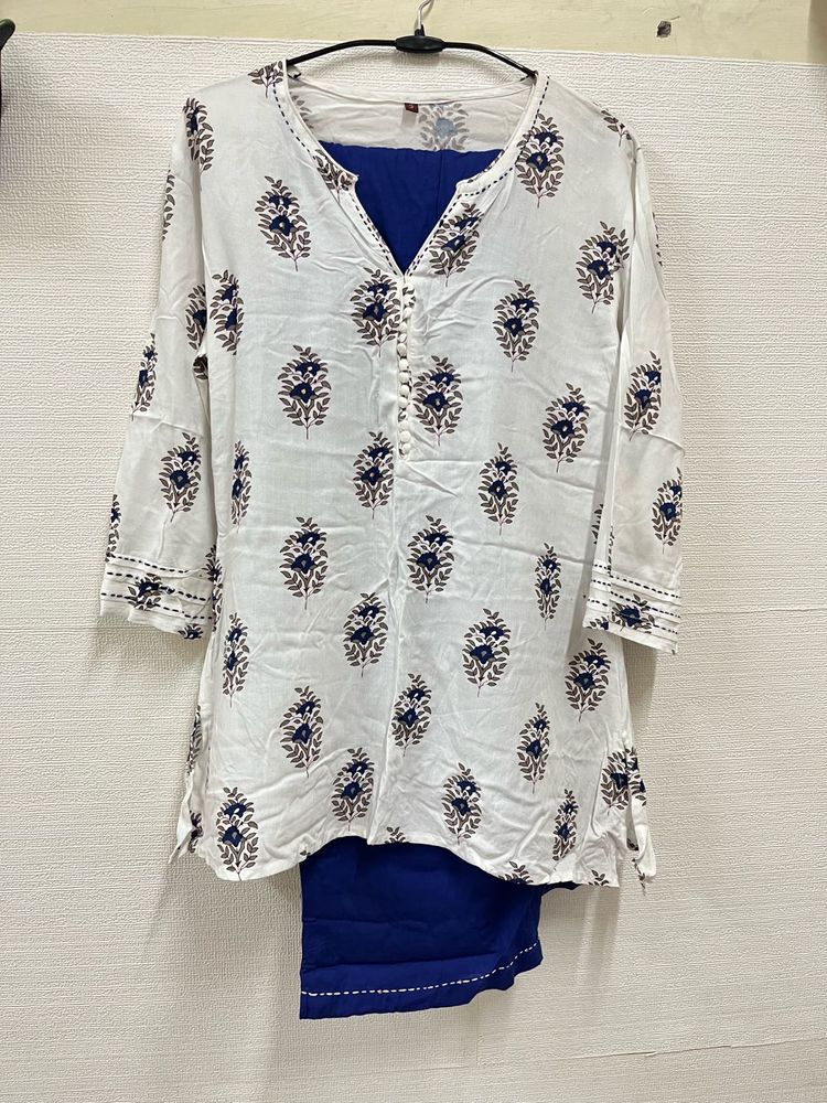 White Kurta Set with Blue Floral Print
