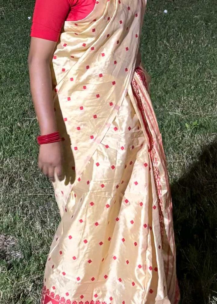 Elegant Cream Saree with Red Motifs
