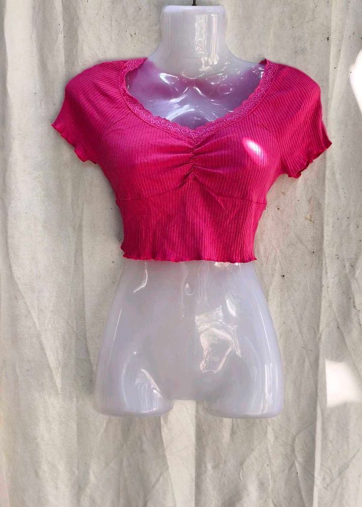 66209. Hot Pink Ribbed Ruched Crop Top