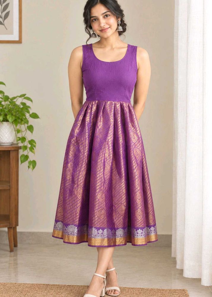 Purple Banarasi Silk Flared Dress