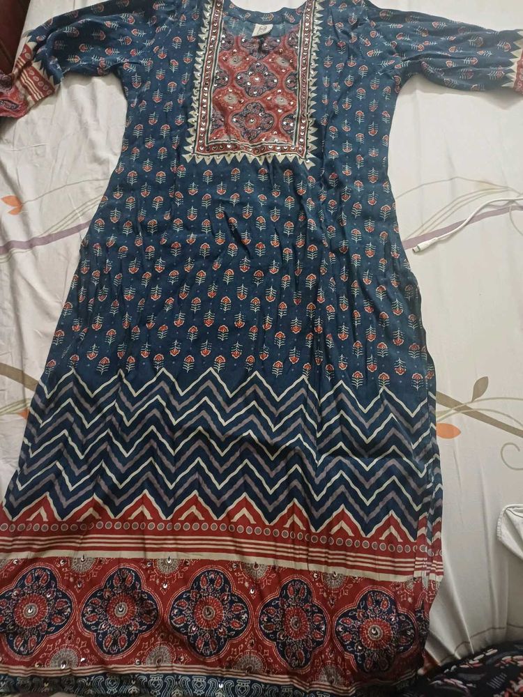 Blue Printed Kurta with Mirror Work Salwar suit