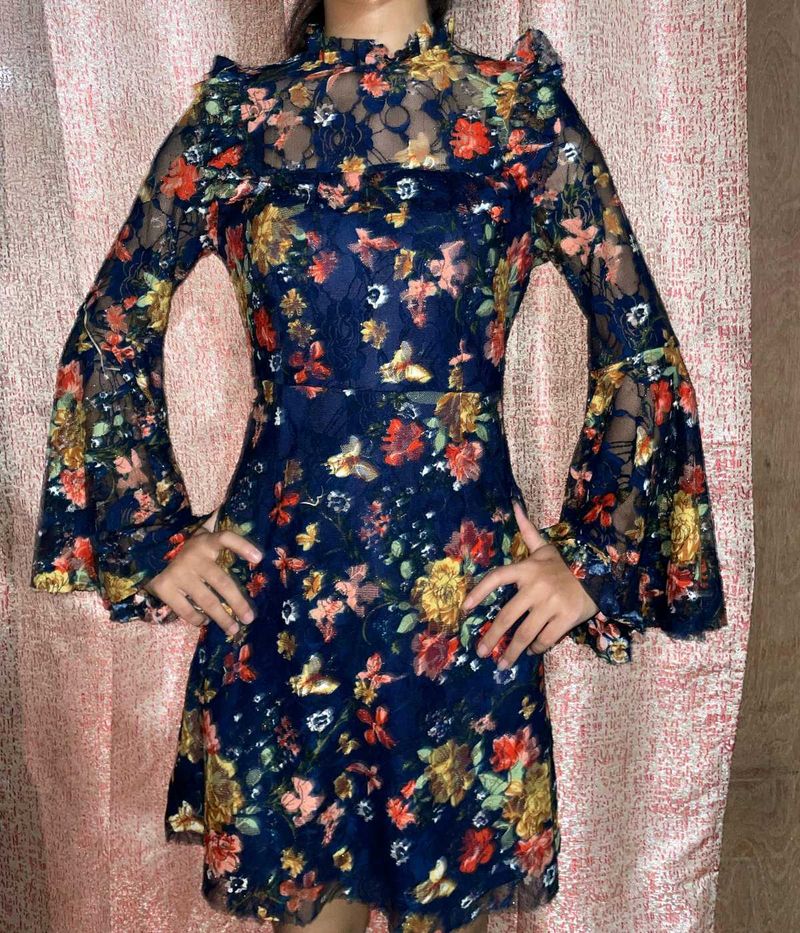 Floral Lace Bell Sleeve Mini Dress