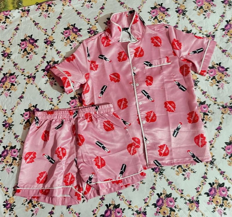 Pink Satin Pajama Set with Lips &amp; Lipstick Print