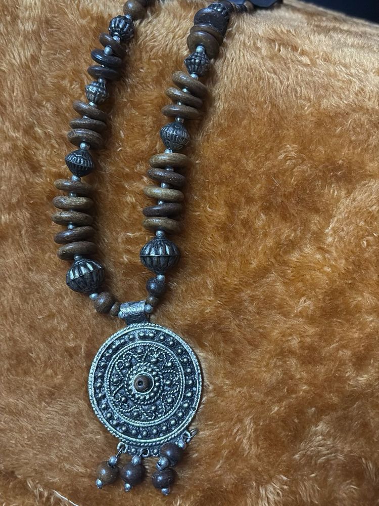 Boho Wooden Beaded Medallion Necklace