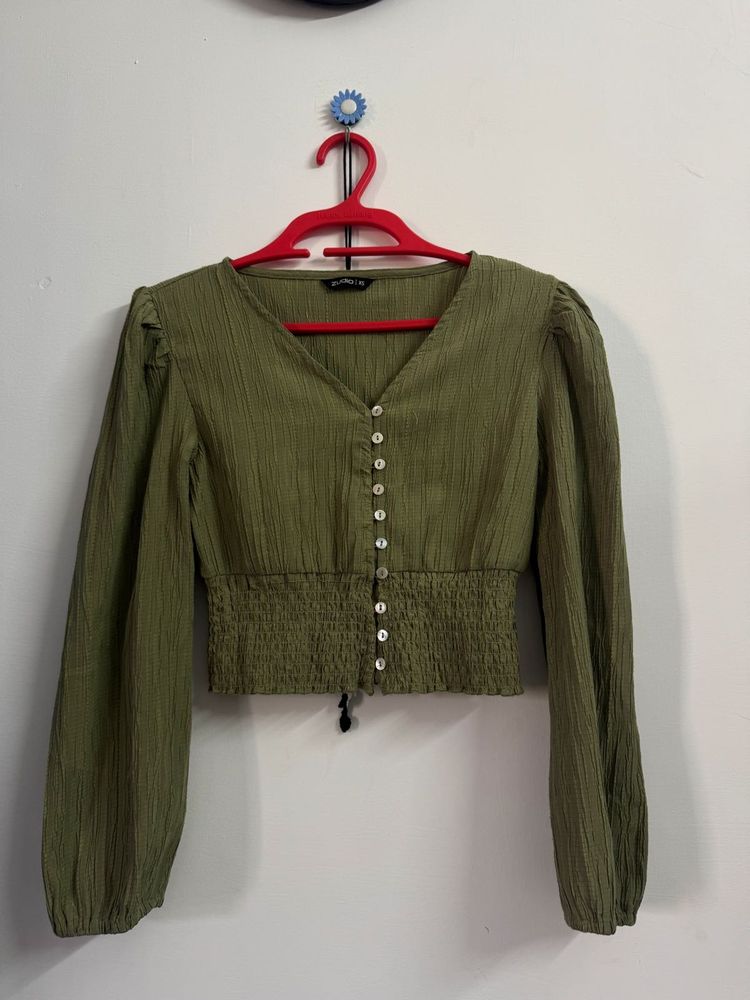 Olive Green Button-Up Crop Top