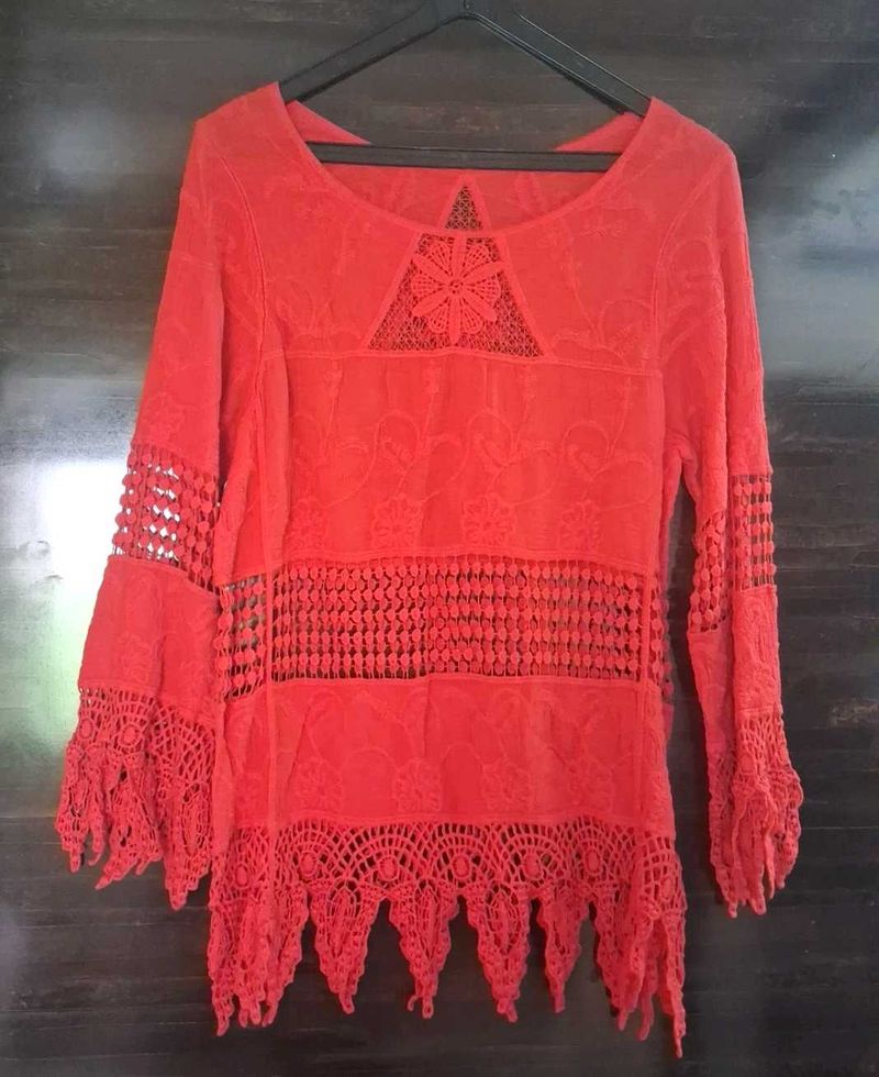 Boho Crochet Trim Red Tunic Top