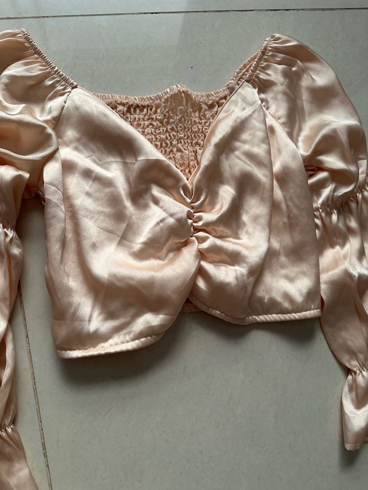 Satin Ruched Front Puff Sleeve Top