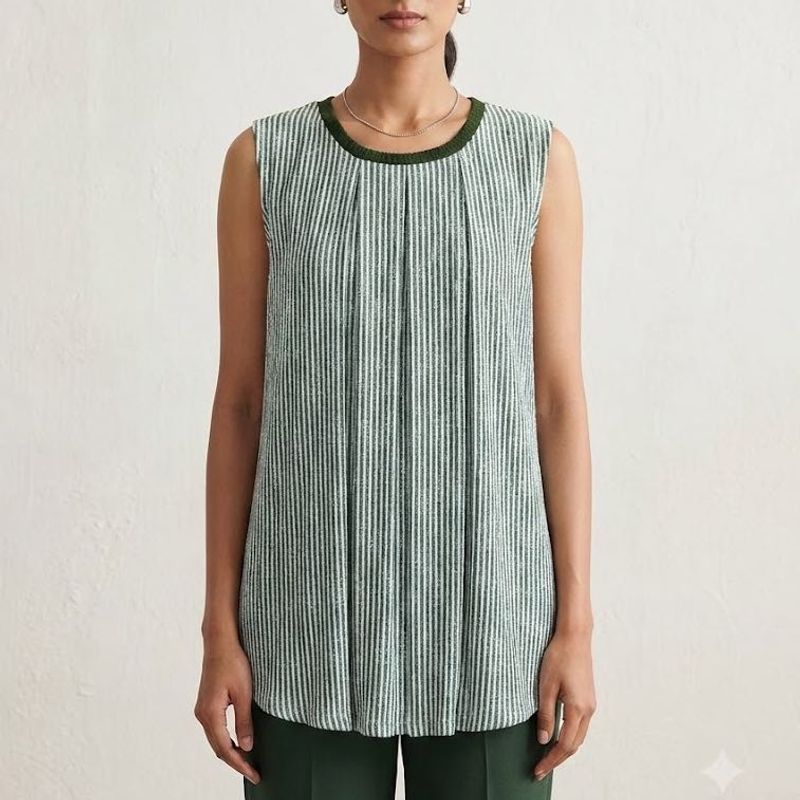 Green Striped Sleeveless Tunic Top
