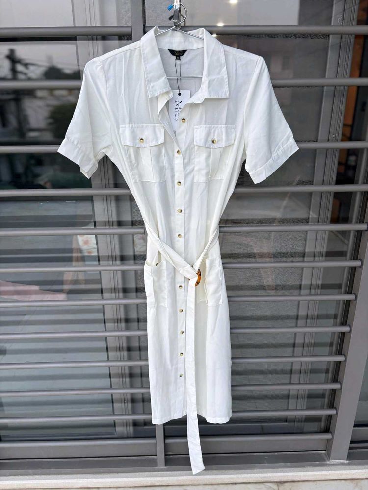 White Button-Down Shirt Dress with Belt