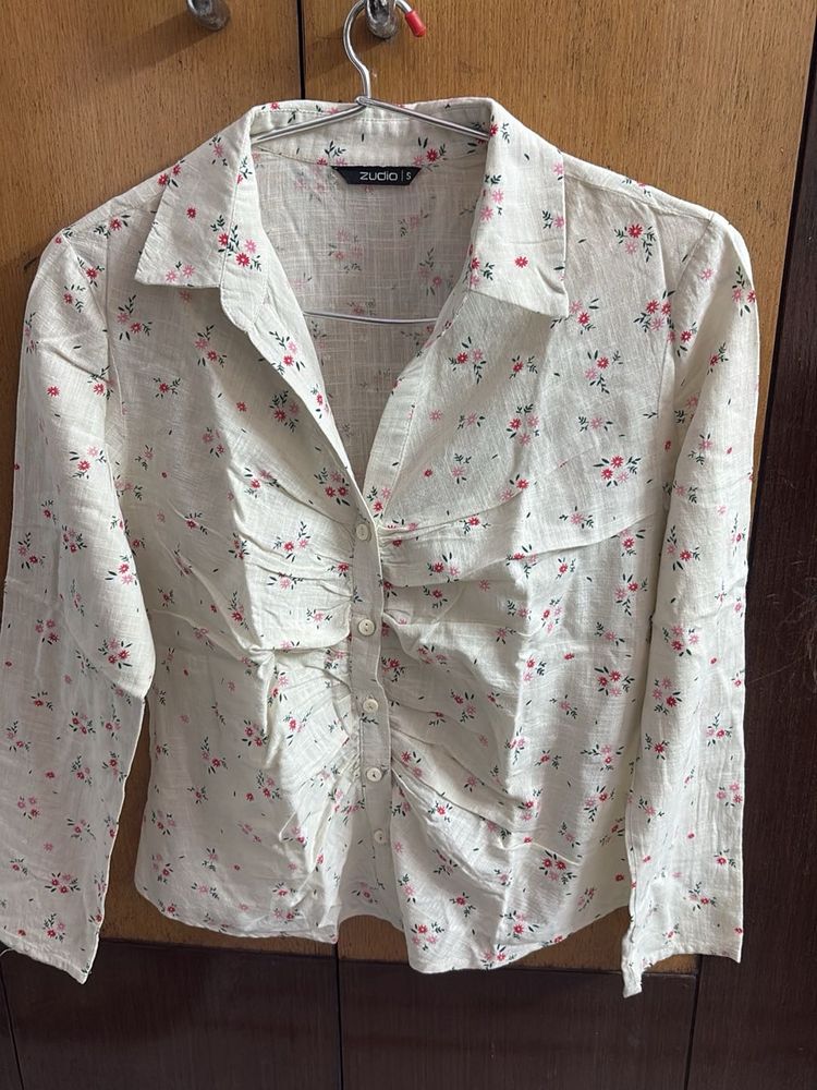 Chic Floral Print Ruched Button-Up Shirt