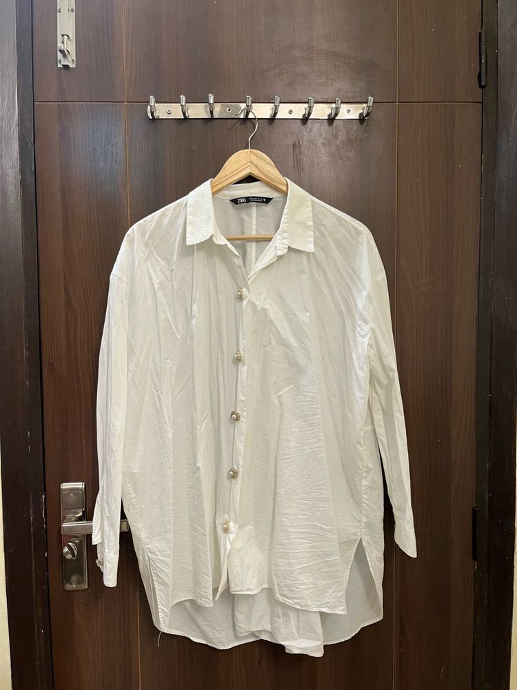 Zara White Pearl Button Oversized Shirt
