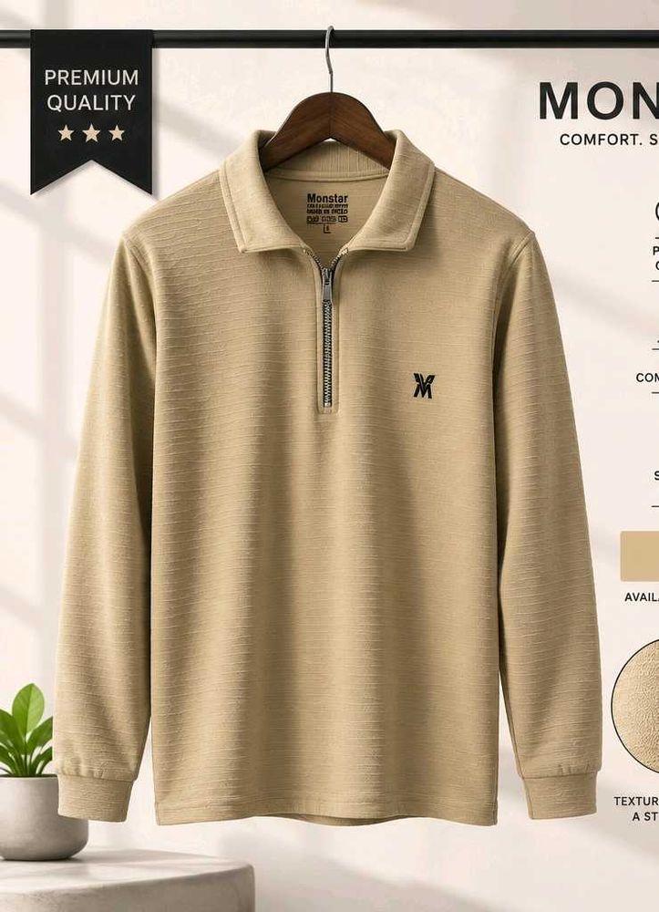 Men's Beige Quarter-Zip Polo Shirt