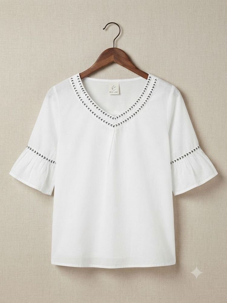 White Embroidered V-Neck Top