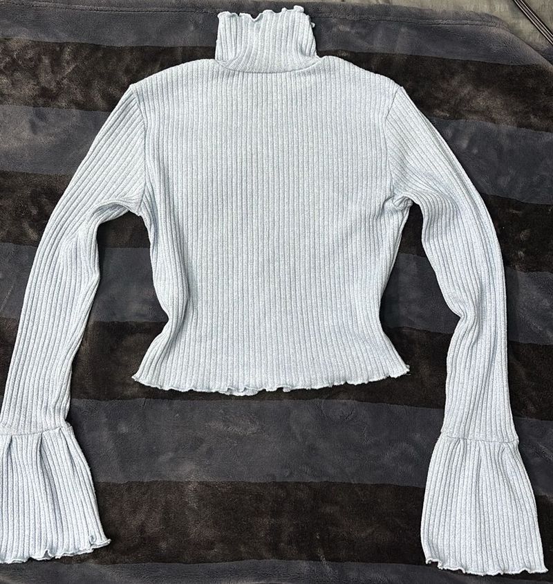 Ribbed Turtleneck Top with Flared Sleeves