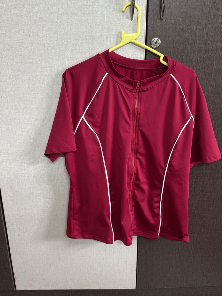 Maroon Swimsuit Top with White Piping