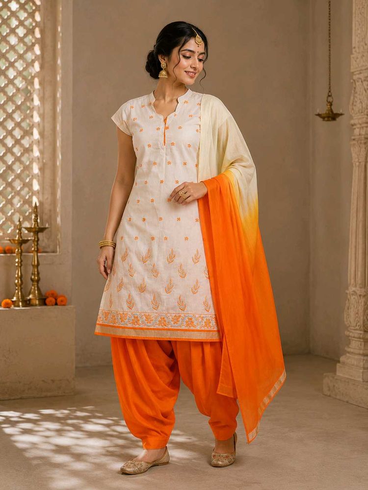 Elegant Cream &amp; Orange Kurta Set