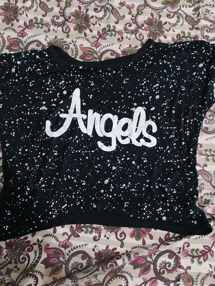 Black "Angels" Graphic Crop Top