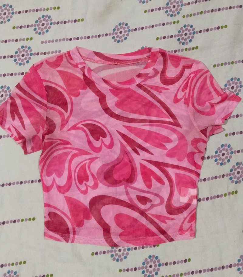 Mesh Pink Heart Print Cropped Top