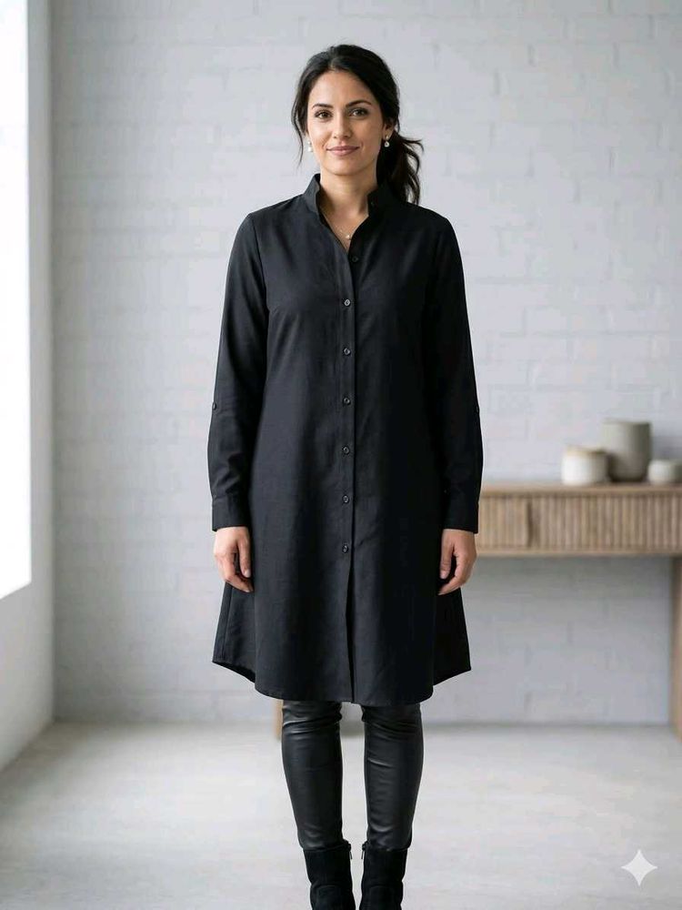 Elegant Black Button-Up Tunic Dress