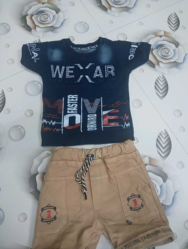 Kids Navy Blue T-Shirt &amp; Tan Shorts Set