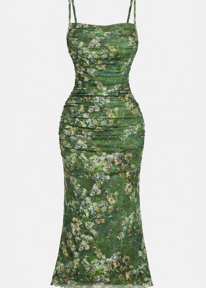Floral Ruched Mesh Bodycon Dress