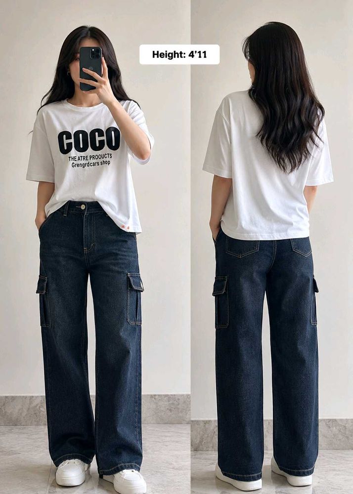 🤍💙 White COCO T-Shirt + Dark Blue Cargo Jeans Co
