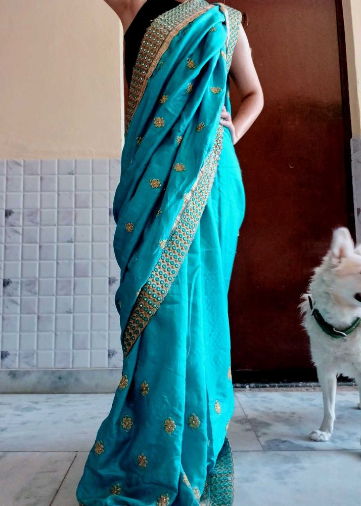 Embroidery Border Mirror Work Saree