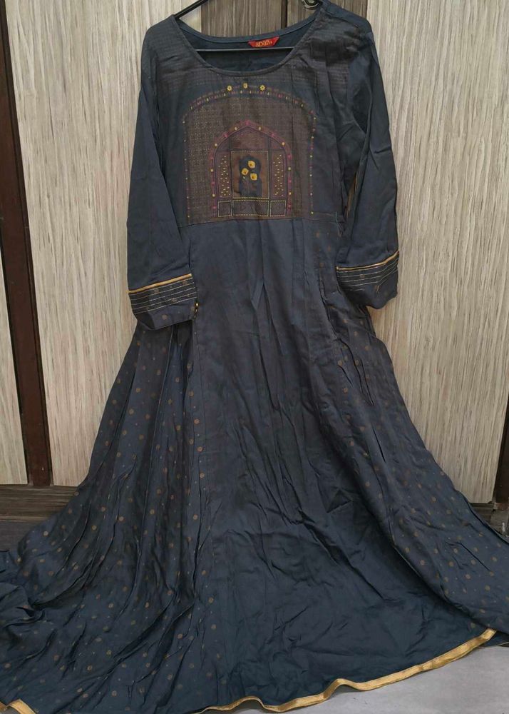Elegant Dark Grey Kurta with Embellished Neckline