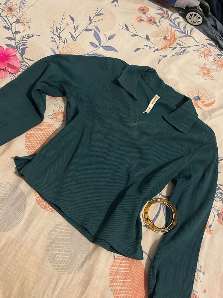 Stylish Teal Ribbed Collared Top