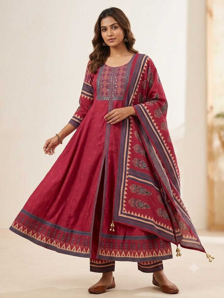 Elegant Red Printed Kurta Set with Dupatta