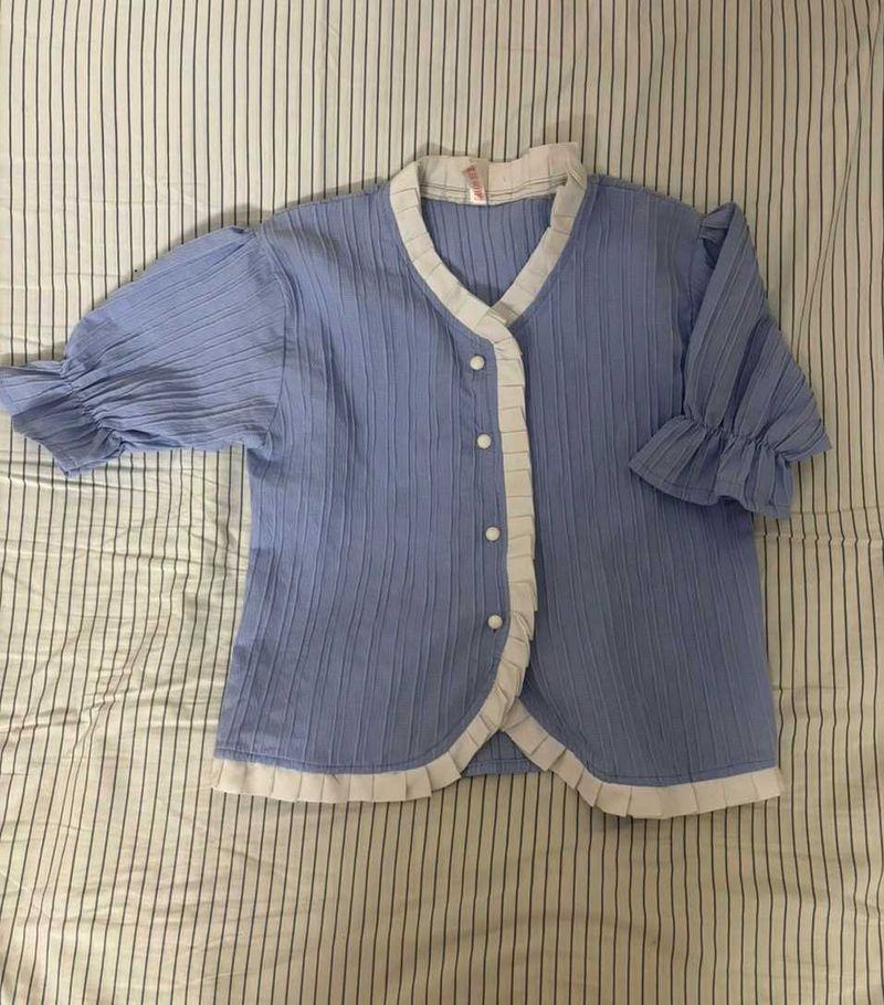 korean Sweet Blue Pleated Puff Sleeve Top