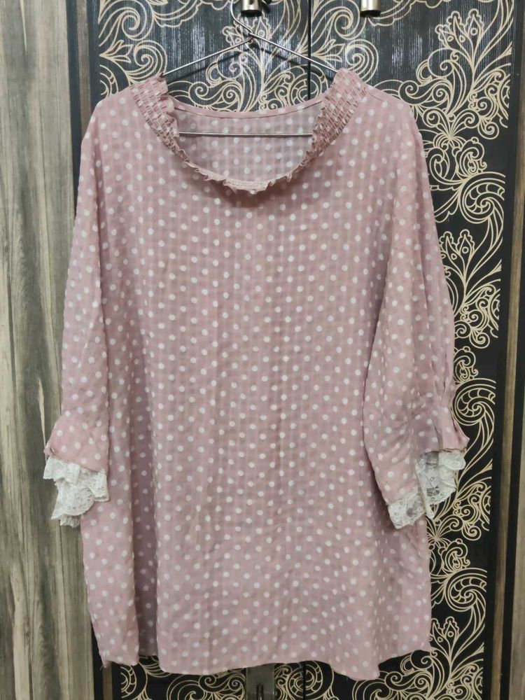 Chic Pink Polka Dot Top with Lace Trim