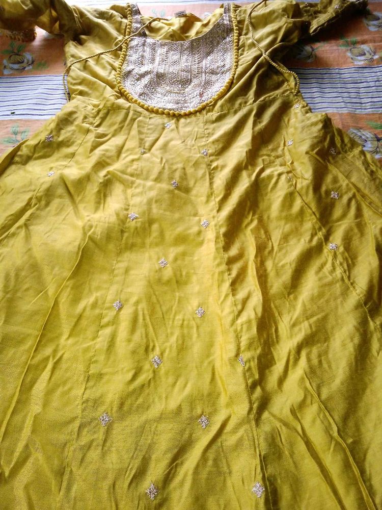 Yellow Kurta with Embellished Neckline