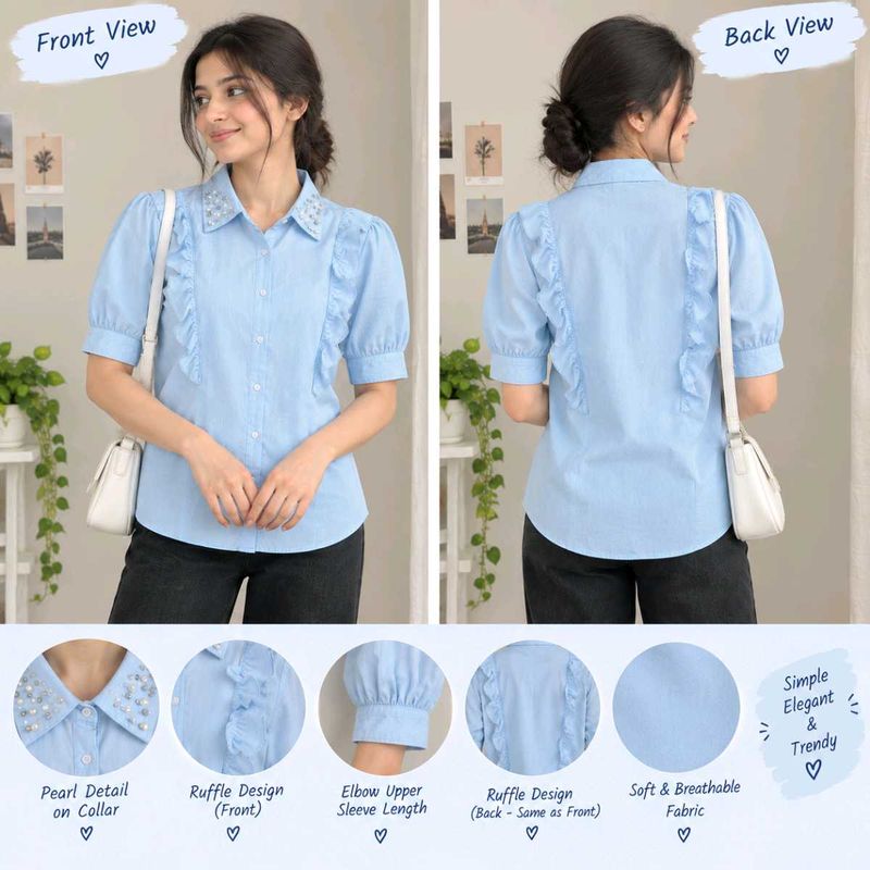 Blue Ruffled Button-Up Shirt