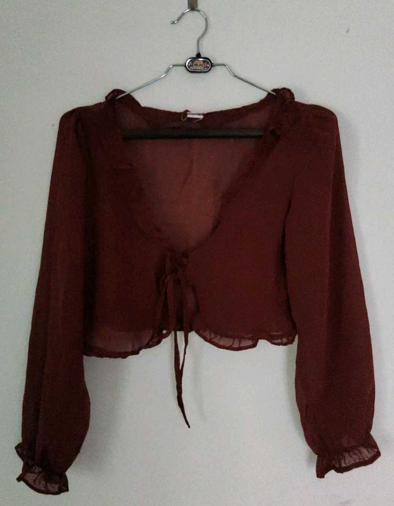 Chic Maroon Sheer Tie-Front Blouse